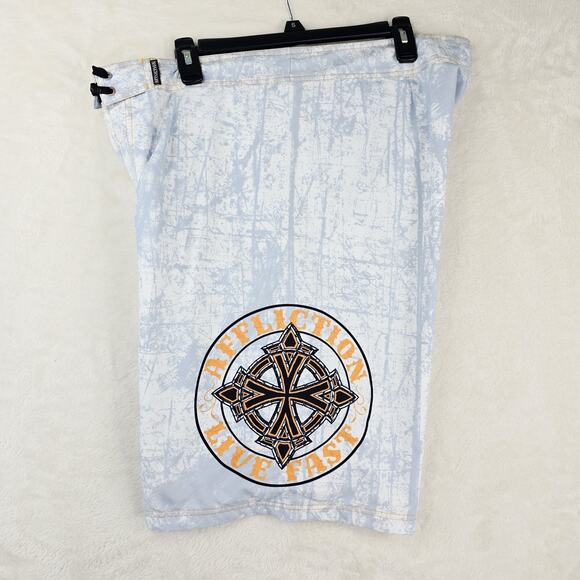 Affliction Board Shorts Mens 38 Gray White Cement Splatter AOP Logo Y2K Grunge - Picture 4 of 12